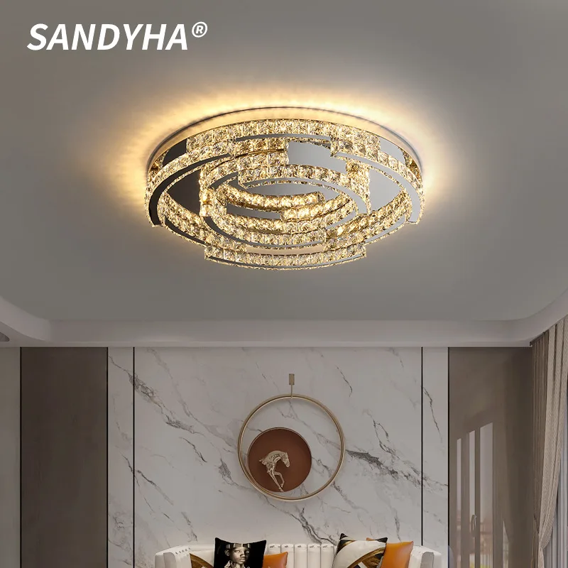 SANDYHA Nordic Crystal Living Room Ceiling Lights Modern Circular Design New Bedroom Restaurant Interior Decor Lighting Fixtures