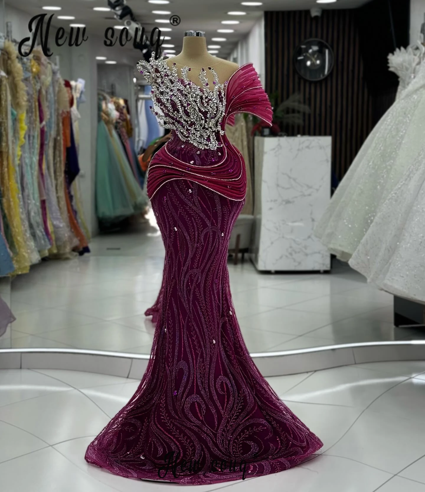 Dubai Arabic Burgundy Long Mermaid Evening Dress Sequins Wedding Guest Party Dress Formal Occasions Night Prom Gowns