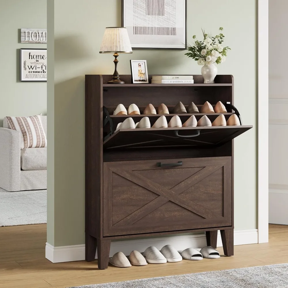 

Дубово-коричневый шкаф для обуви, органайзер для хранения обуви с 2 ящиками, вместимость 24 пары, 31 дюйм Ш X 39,8 дюйма В X 8,8 дюйма Г, прихожая, гостиная