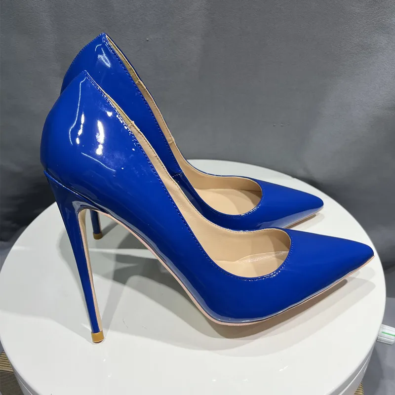 Heelgoo-Escarpins à talons hauts pointus pour femmes, chaussures provoqué à enfiler, bleu verni, sexy, designer de fête, basique