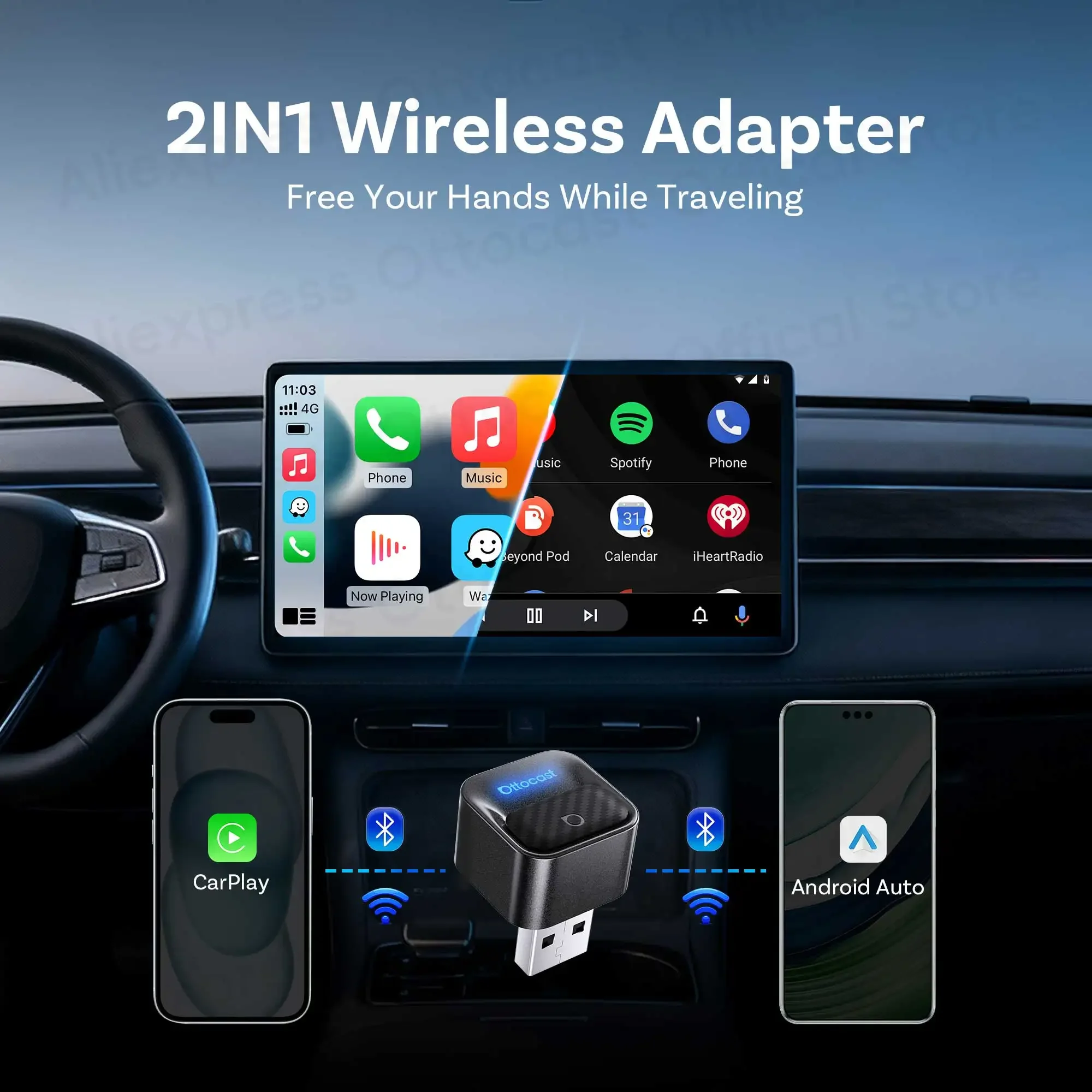 Ottocast Mini Core Wireless CarPlay Android Auto Adapter 2 in 1 Tiny Dongle with Smart Button Car Accessories for VW Toyota MG