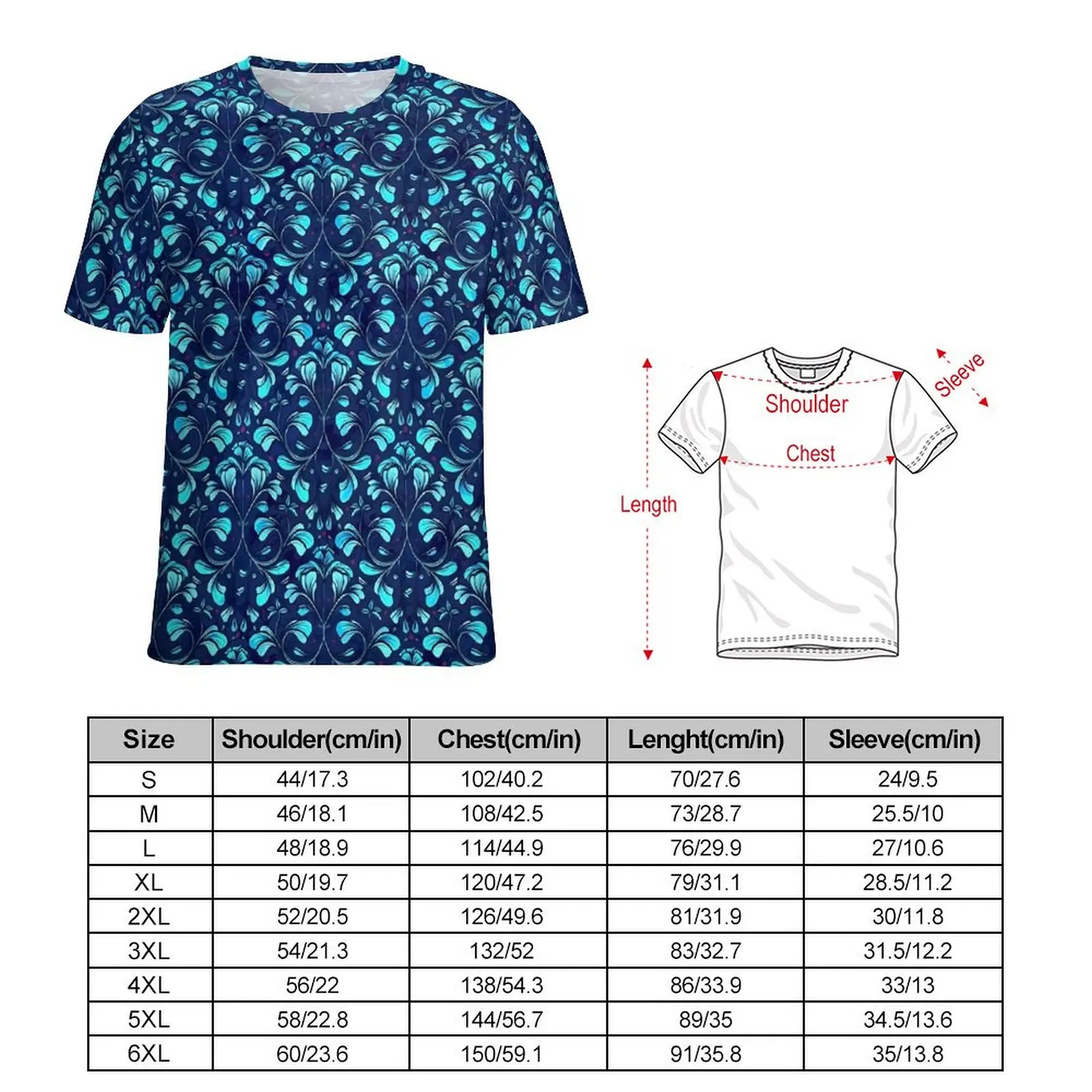 Plus Size T Shirt Original Baroque Brocade T Shirts Blue Floral Kawaii Round Neck Tee Shirt Men Hip Hop Graphic Tees