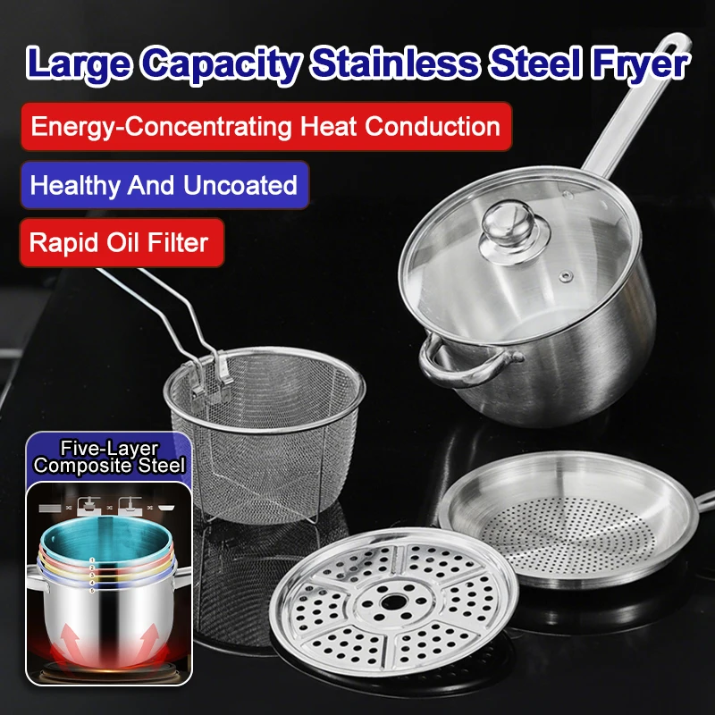 

Stainless Steel Deep Fryer Pot with Strainer Lid Home Kitchen Oil Frying Pan Multifunctional Cooking Tool French Fries Chicken