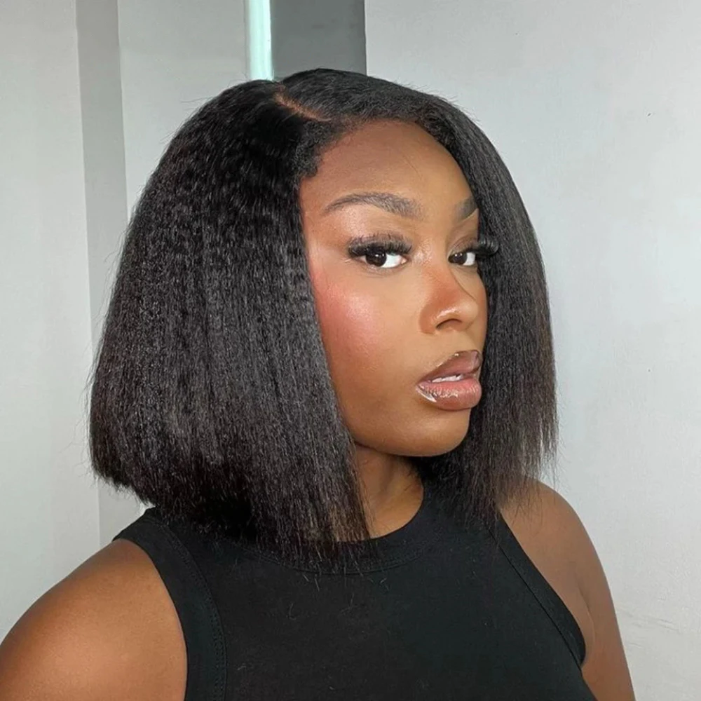 

Wear And Go Kinky Straight Human Hair Bob Wig Glueless 6x4 Lace Closure Wigs Pre Plucked Yaki Straight Brazilian Human Hair Wigs