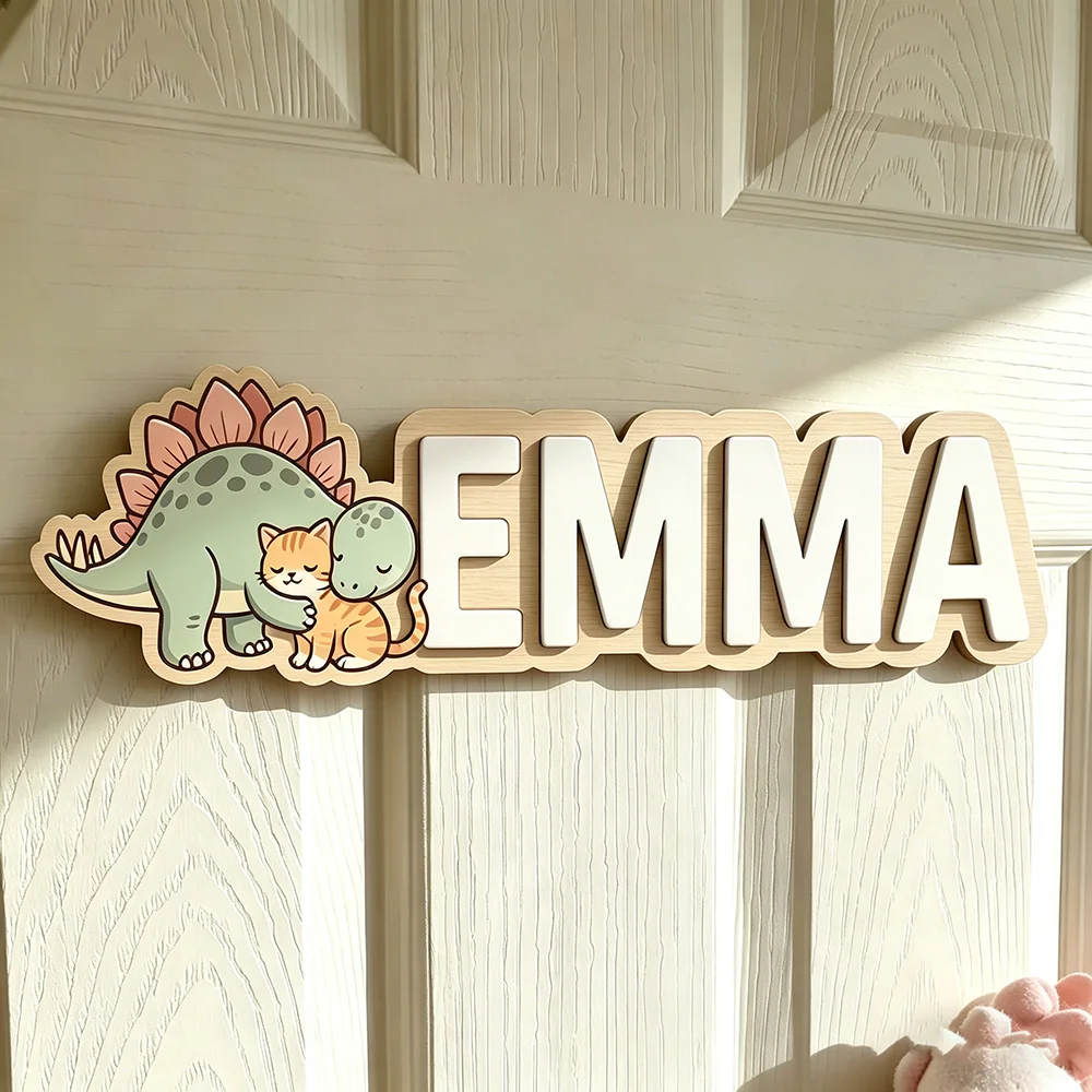 Custom Stegosaurus & Hugging Cat Name Sign for The Dearest Baby, Neutral Pastel Nursery Wooden Door Plaque