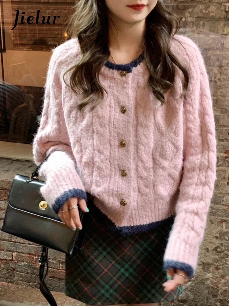

Sweet Soft O-neck Knitting Sweater Female Cardigan Basic Simple Casual Loose Single Breasted Spell Color Women Cardigan