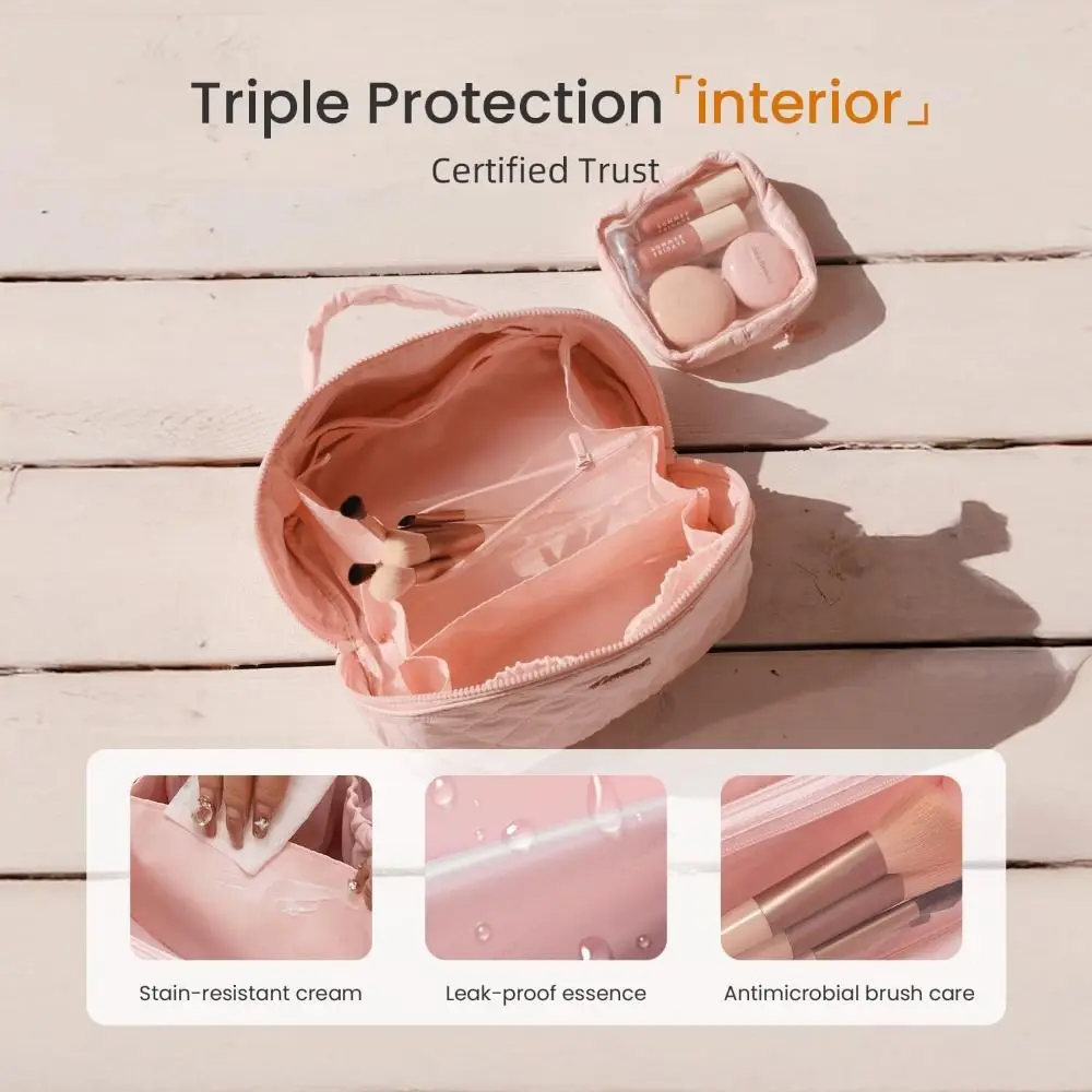Water-Resistant Handheld Cosmetic Bag Multiple Pockets Leak-Proof Toiletry Bag Quilted Large Capacity Make Up Pouch Bag Vacation