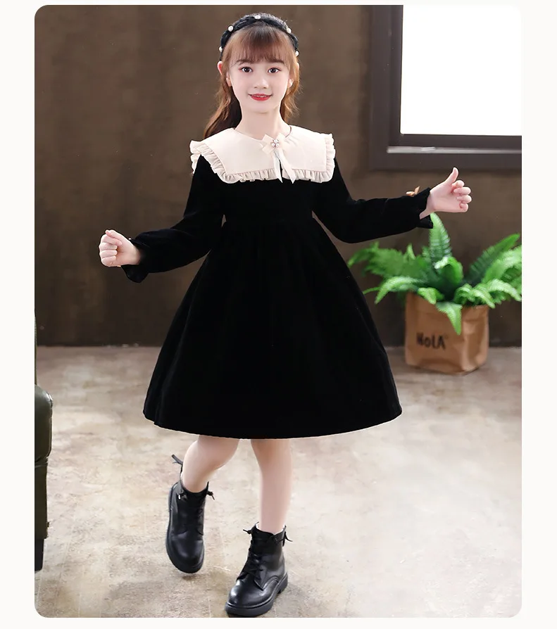 

Girls Retro Velvet Dress with Detachable Collar 2025 Autumn New Children Dress Elegant Long Sleeve Dress