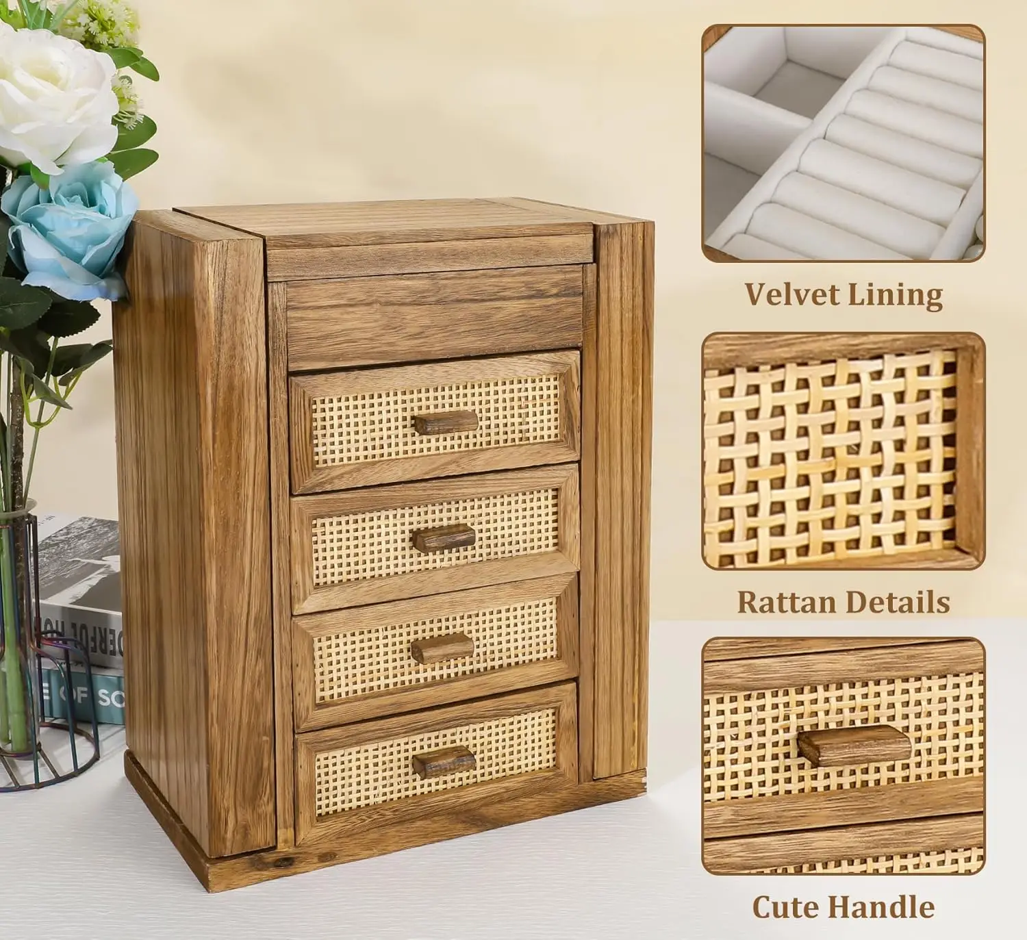 5-Layer Rattan Jewelry Box with Mirror & 4 Drawers, Wooden Organizer for Rings Earrings Necklaces Bracelets