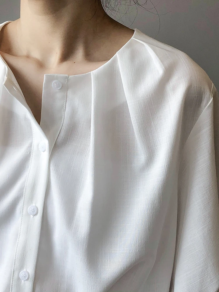 Minimalism Elegant White Shirt Single-Breasted Button Down Blouse Lantern Sleeve Luxury 3/4 Sleeve Office Ladies Quality Blouses