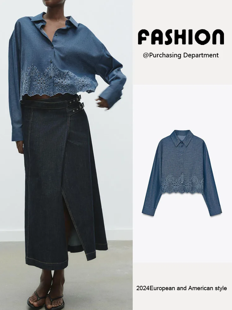 Colletto lungo casual da donna nuovo arrivo primaverile ort irt Versatile ricamo cavo per pendolari Sle vestibilità ampia