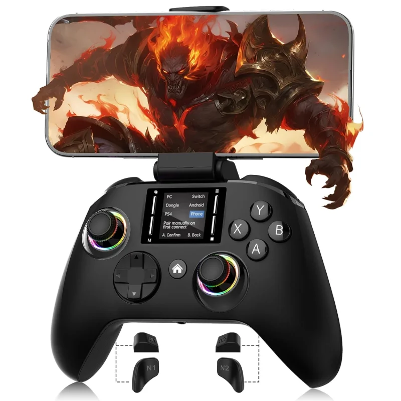 An interactive wireless game controller with a detachable stand, compatible with PC, PS4, Switch, Android, and iOS devices. It features 4 programmable buttons, rapid-fire functionality, a 6-axis gyroscope, dual vibration feedback, and RGB lighting effects