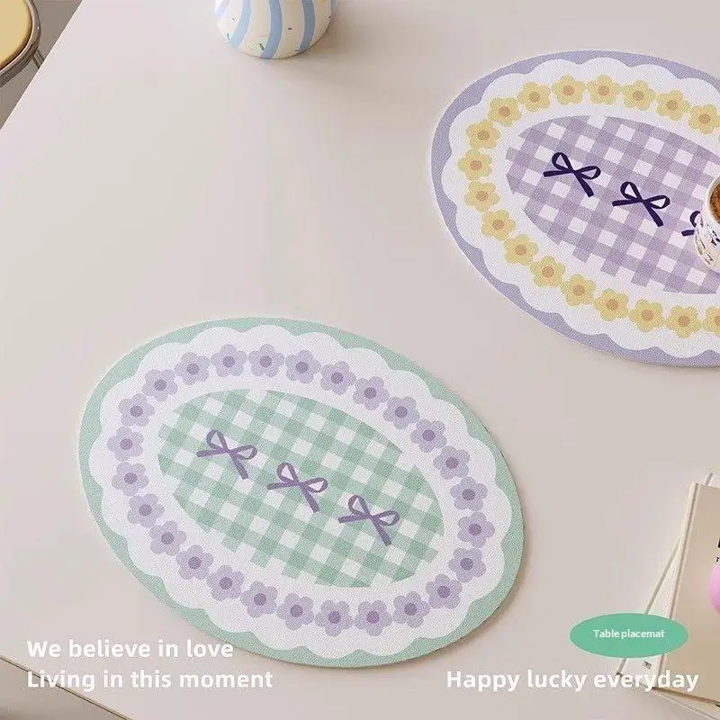 1Pcs INS Oil-Proof Waterproof PU Leather Dining Room Table Mats Cute Oval Heat Resistant Placemat Kitchen Tableware Bistro Bar