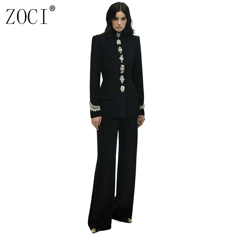 

ZOCI комплекты из двух предметов для женщин, элегантный ретро-блейзер с длинными рукавами и бисером, широкие брюки, модные комплекты, женские новые