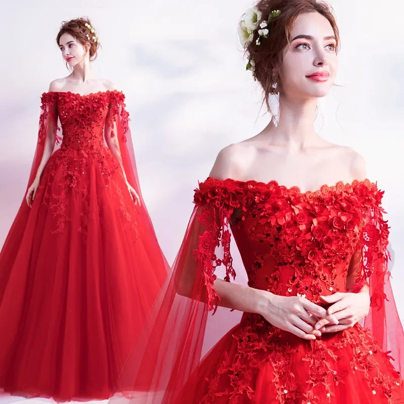 Rose red colored yarn 2024 new long-sleeved bridal wedding toast, fairy gas evening dress manufacturer supply