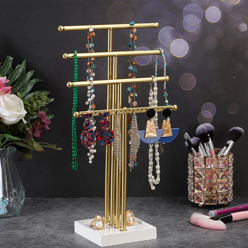 Gold 4 Tiers T-Shaped Jewelry Rack Earring Storage Rack Jewelry Display Rack For Girls To Organize