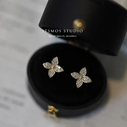 ITSMOS 925 Sterling Silver Plated 14K Gold Pave Earrings Small Piercing Studs Diamond Jewelry Flower Earrings for Women