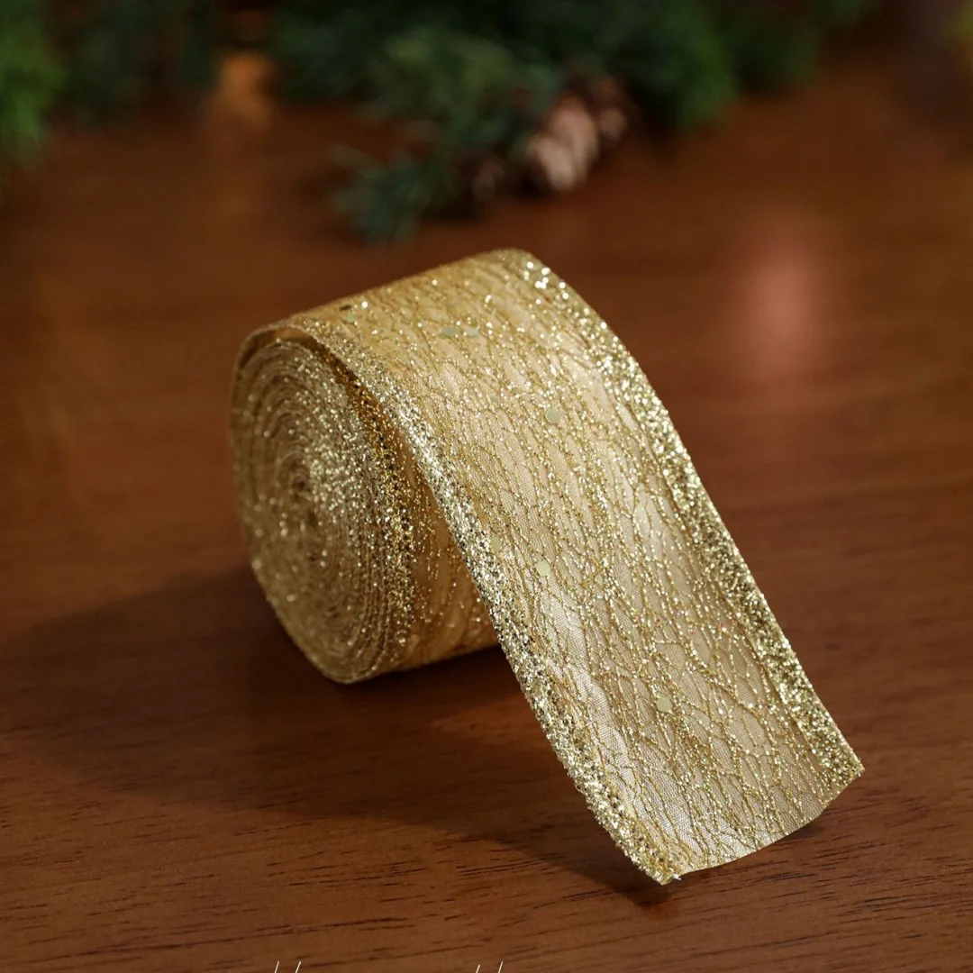 Gold Ribbon Elegant Diy Gift Bow Sequin Ribbon Rustic Wreath Decor Ribbon For Christmas Tree Gift Packaging Holiday Decoration
