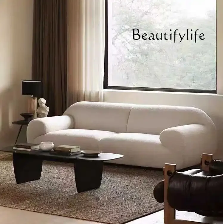 A44 French cream style lamb wool sofa light luxury small apartment living room wabi sandy wind fabric straight row sofa
