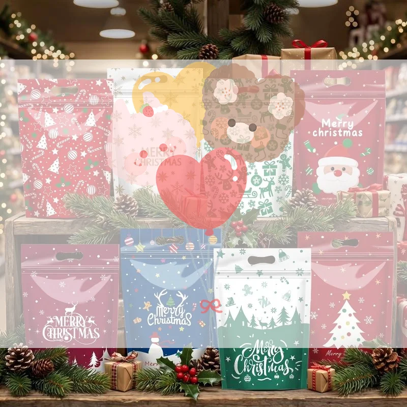 50Pcs Resealable Christmas Zip Lock Bags 50PCS Clear Christmas Plastic Sealing Bags With Handles For Xmas Holiday Party Candy