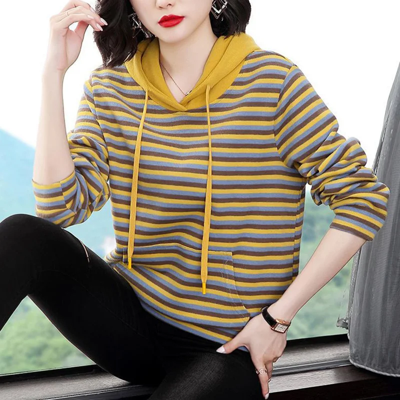 Fashion Hooded Spliced Pockets Loose Striped Hoodies Female Clothing 2023 Autumn New Casual Tops All-match Commute Sweatshirts