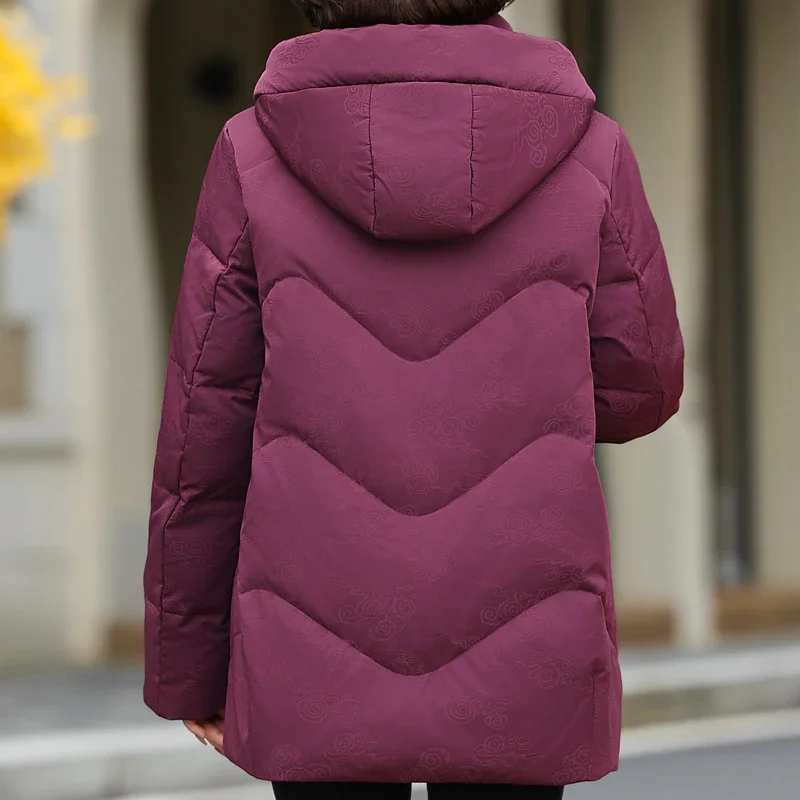 Middle Age Women Winter Short Down Jackets Vintage Embroidery Prakas Hooded 2024 Elegant Thick Warm Down Coats Woman Outerwears