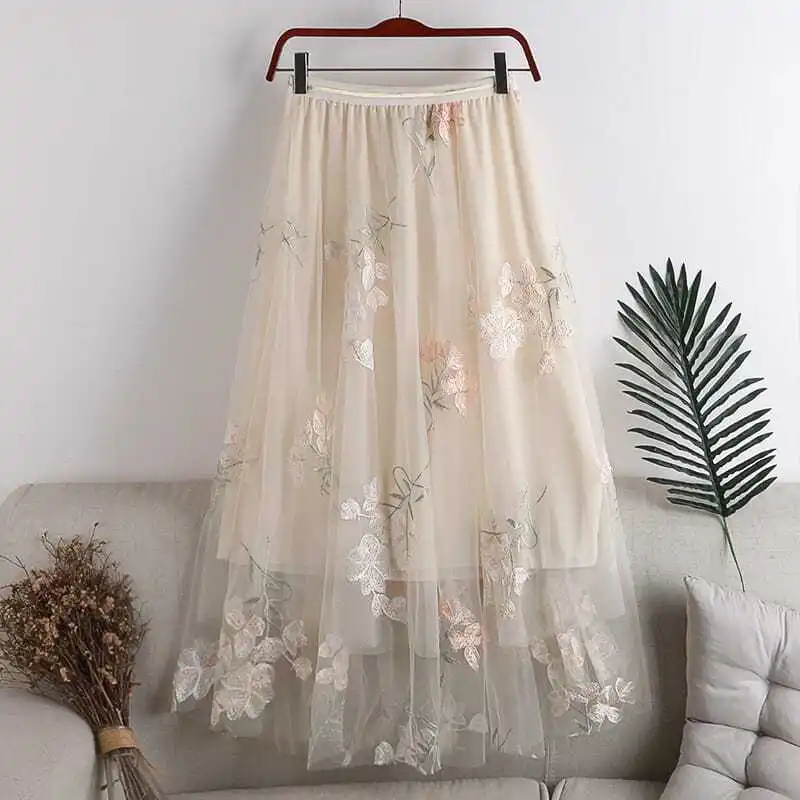 Fashion Summer New Classic Slim Elastic Waist Large Swing Double Layer Mesh Embroidery Mid Length Half Length Skirt Women