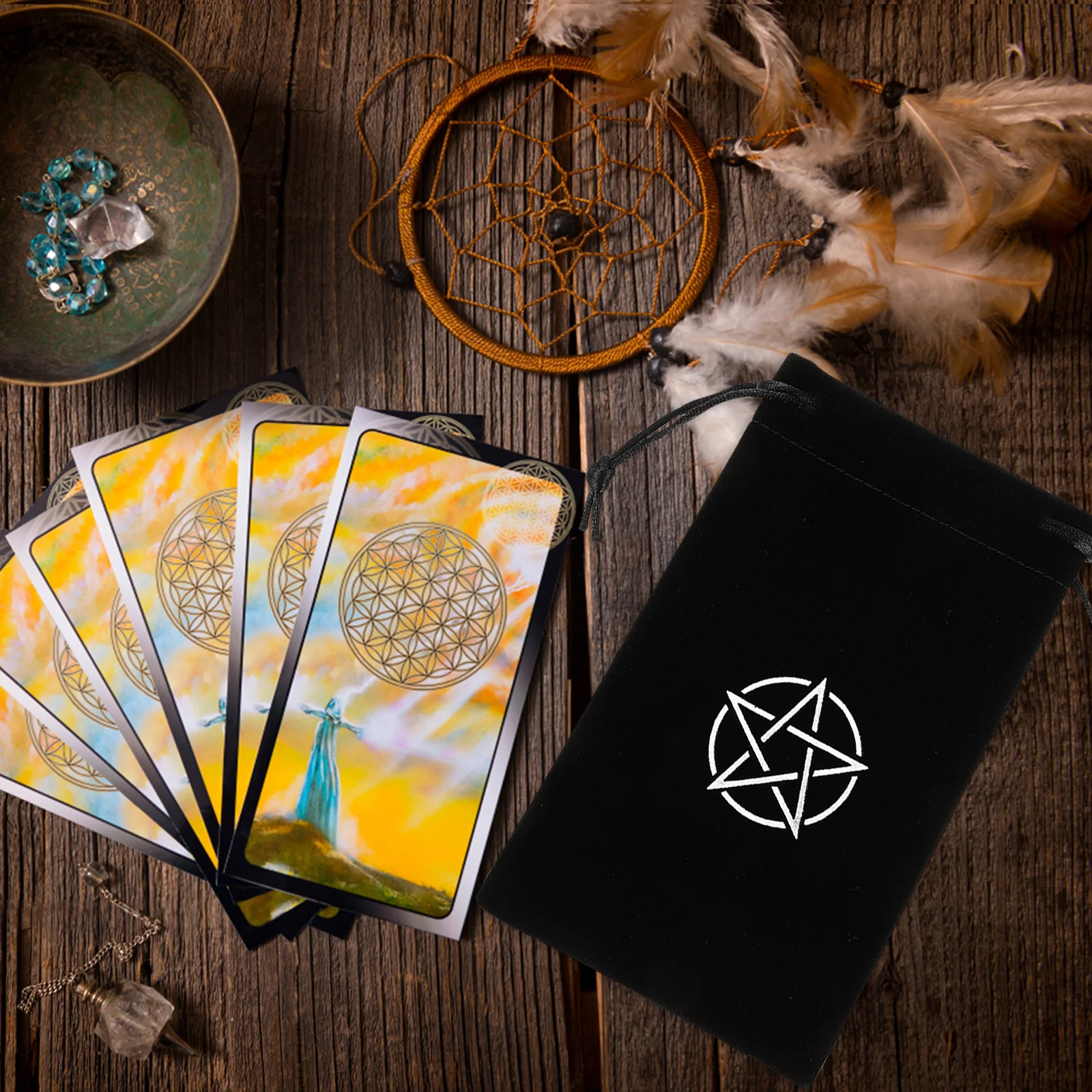 

1Set Tarot Card Pentacle Tablecloth Set Premium Thick Wear-Resistant Fabric for Divination Game Portable Drawstring Storage Bag