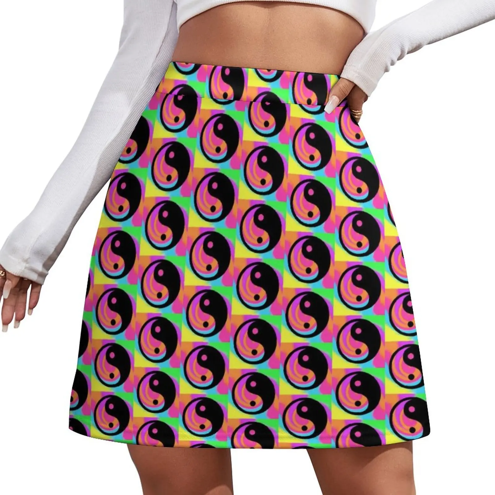 Black Yin Yang Taijitu Symbol on a Rainbow Tie Dye Swirl Background Small Sized Repeating Pattern Mini Skirt