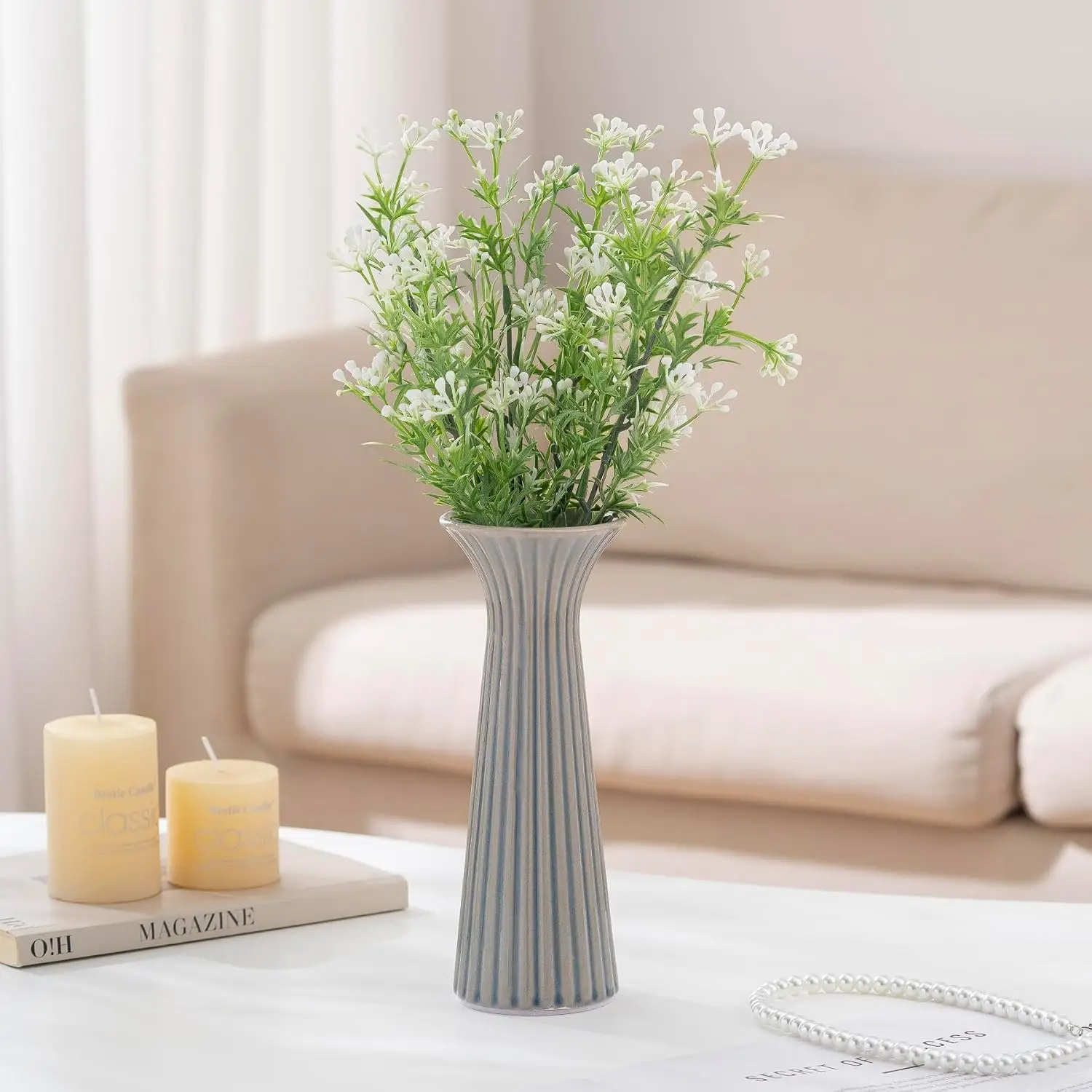 Vintage Blue Ceramic Vase for Pampas Grass, Rustic Farmhouse Decor, Small Flower Vase for Coffee Table & Living Room, Customized