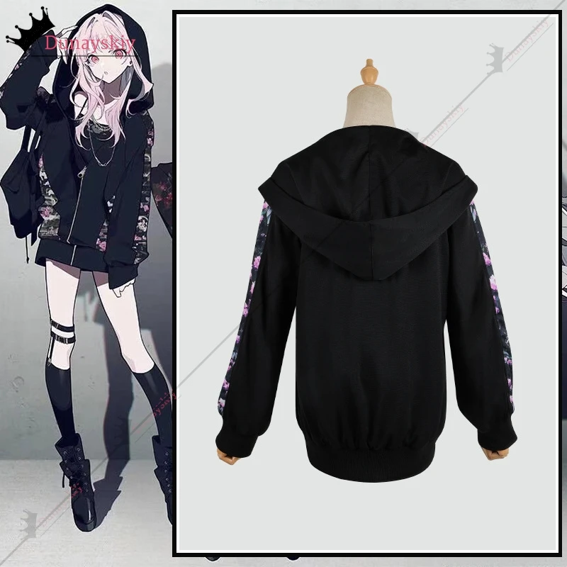 프로젝트 세카이 25 나이트코드 아키야마 미즈키 코스프레 코스튬 데일리 세트 블랙 후드티, 아키야마 미즈키 가발, 여성 크리스마스 할로윈