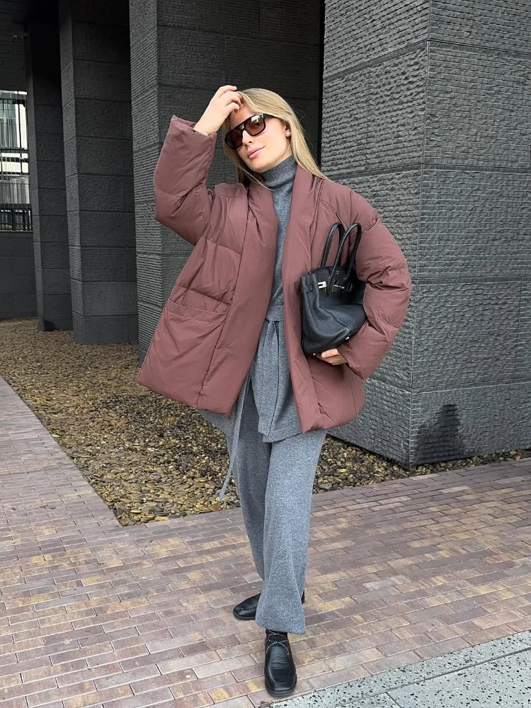 

Модная однотонная хлопковая одежда с поясом и шнурком, женская шикарная свободная теплая хлопковая куртка с длинными рукавами и v-образным вырезом, женские повседневные пальто