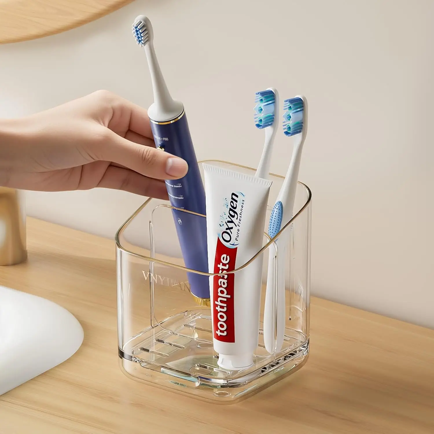 

3-Slot Detachable Toothbrush Holder Wall Mounted with Divider, Organizer for Bathroom/Kitchen/Office