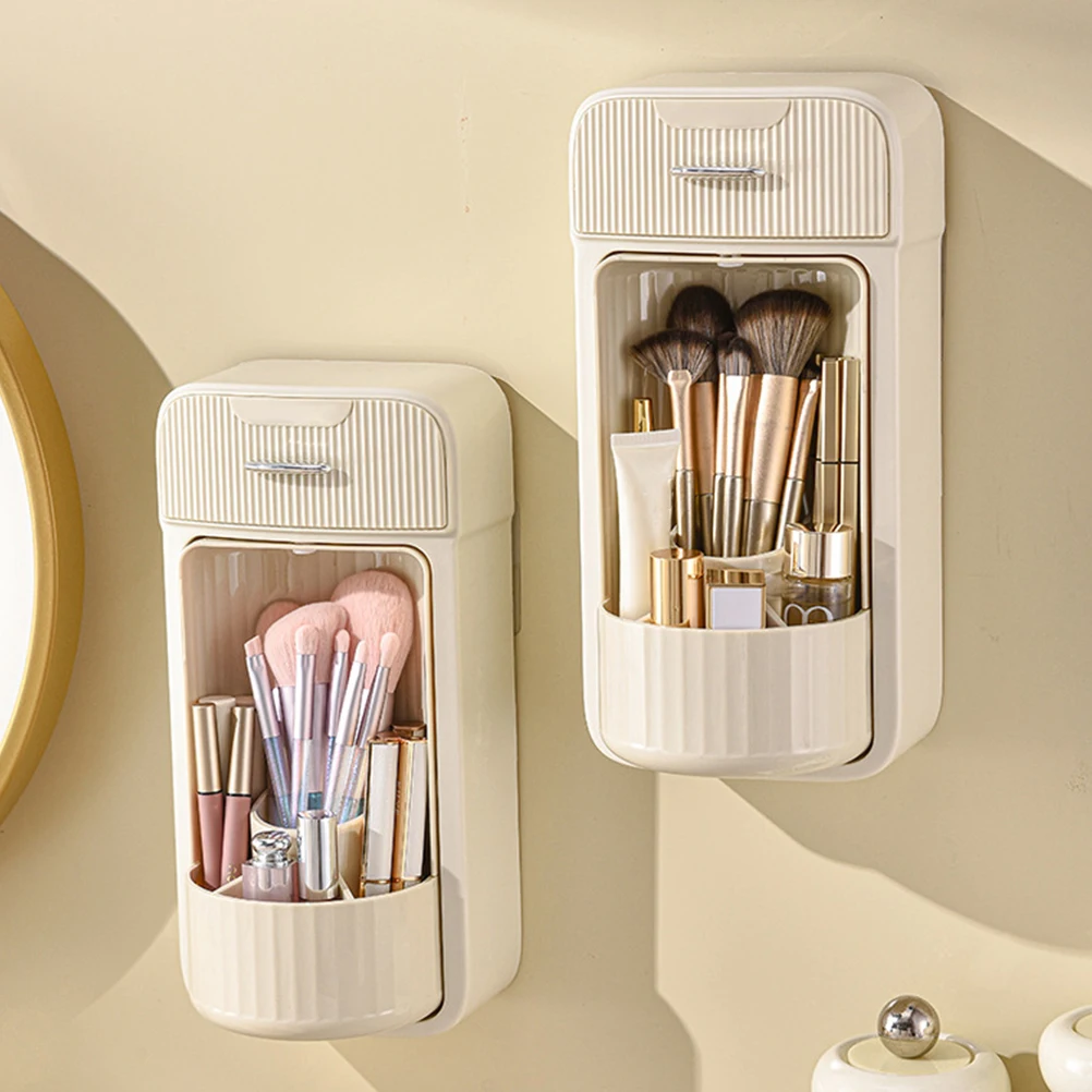 

Bathroom Wall Organizer Wall Mounted Waterproof Makeup Brushes Storage Box Cream Color