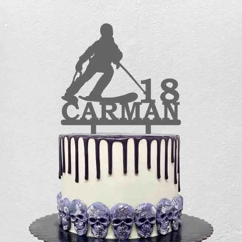 Personalized Skiing Cake Topper Custom Name Age Skiing Silhouette For Skiing Fans Winter Birthday Party Cake Decoration Topper