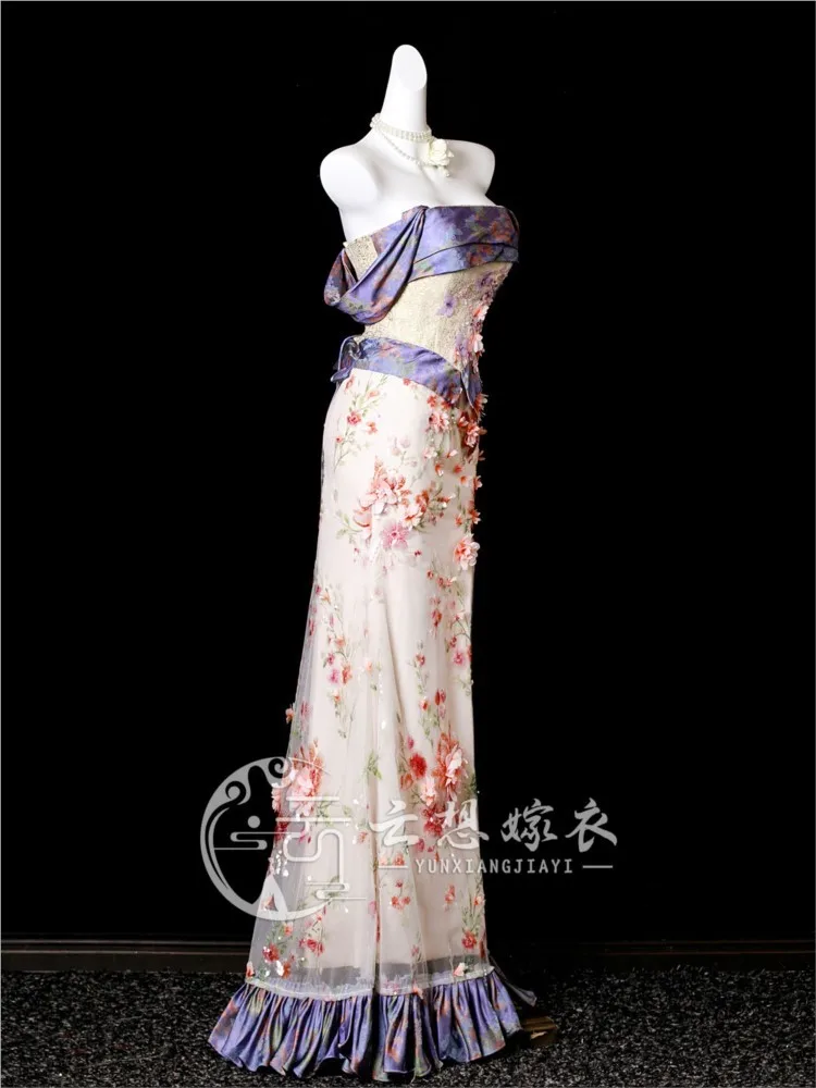 New Chinese-style heavy industry music art examination vocal coming-of-age ceremony one-shoulder birthday dress
