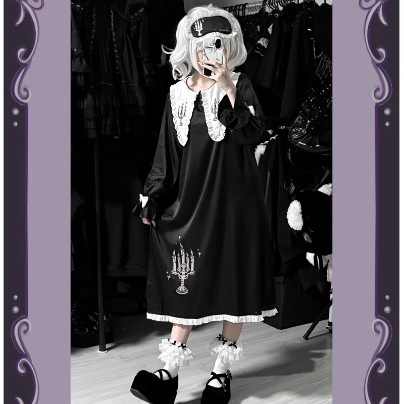 

Gothic Candlestick Print Ruffle Long Sleeve Bow Dress Nightgowns Satin Imitation Silk Short-sleeved Top Shorts Soft Pajamas Set