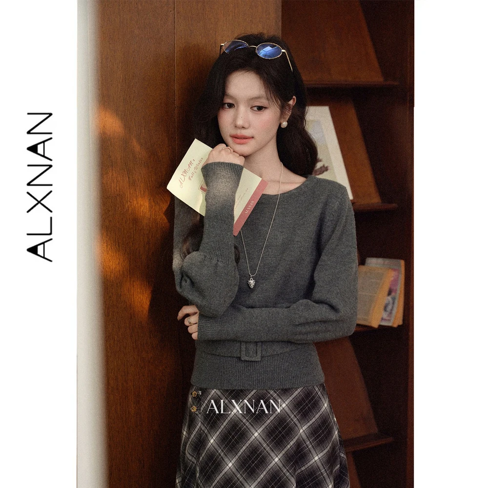 ALXNAN Dark Grey Sweater Women Autumn Winter Waisted Knit Pullover 2026 Elegant Fashion Casual Long Sleeve Top Ladies DYL663166