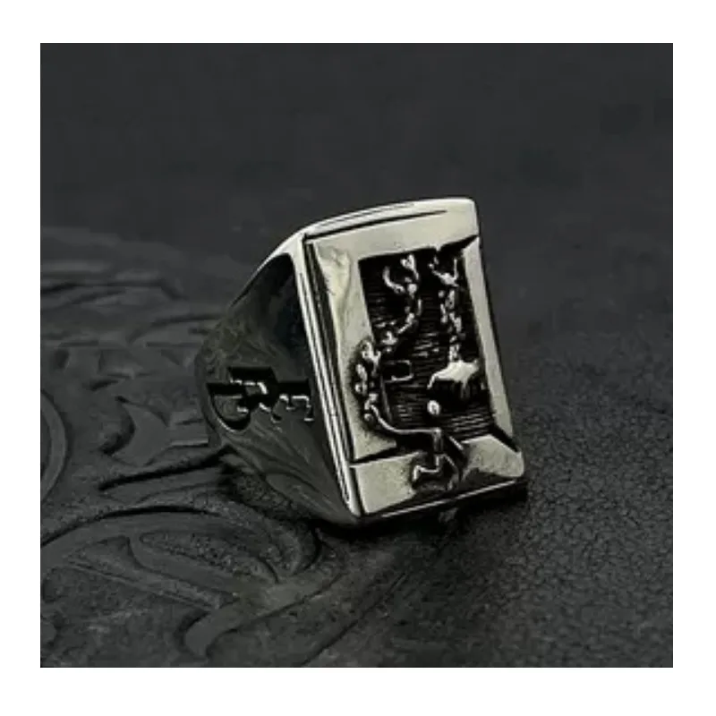 

Tide Thai Silver Retro Melancholy Rich Second Generation Burning Soldier Relief Square Ring Domineering Seal Ring