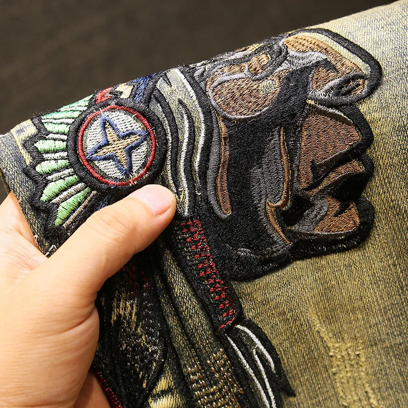 Autumn Winter Embroidered Ripped Jeans for Men Slim Fit Stretchy Trendy Vintage Washed Denim Pants