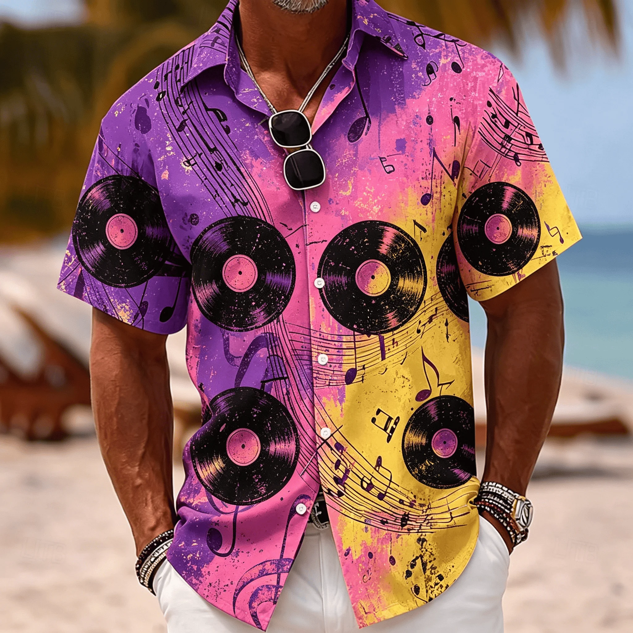 Men's Graffiti Style Palm Tree Skateboard Print Shirt, Casual Summer Streetwear