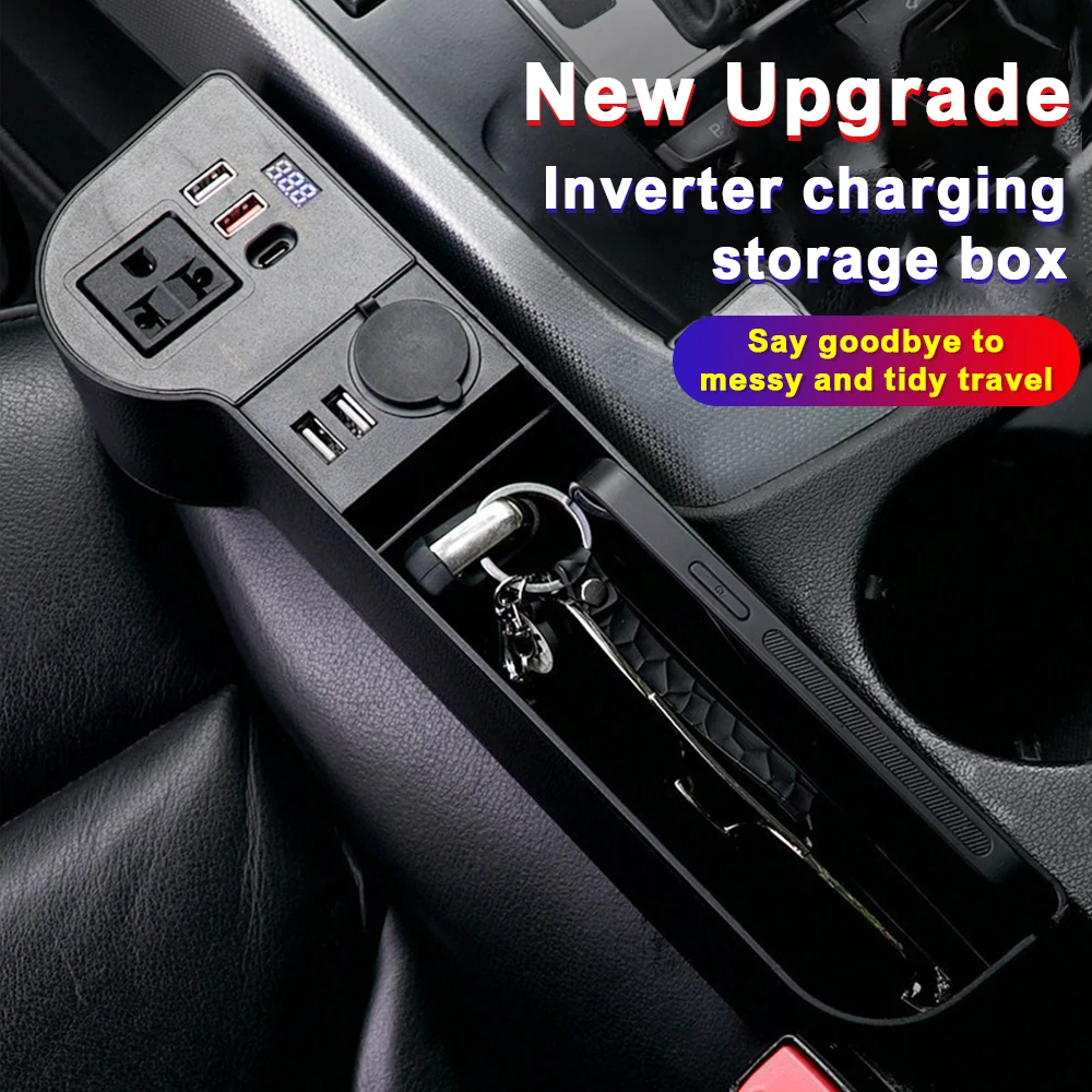 Car Organizer with 12V/24V to 220V Inverter Seat Crevice Storage Box 4-USB Ports QC3.0 Fast Charging for Smartphone