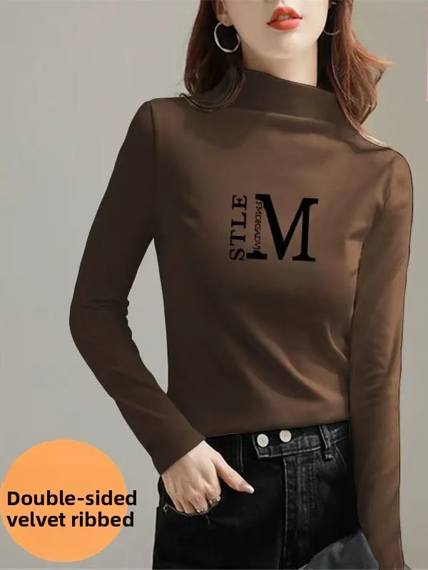 Cseta Térmica de Manga Larga con Cuello Medio Alto, Estampada, de Terciopelo de Doble Cara, para Mujer, Informal, Ajustada...