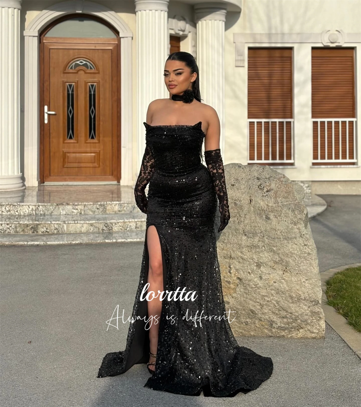 

Lorrtta Luxurious Bead Embroidery Fabric Fishtail Cut Evening Dress Black Party Birthday Dresses Luxury 2024 Prom Customized