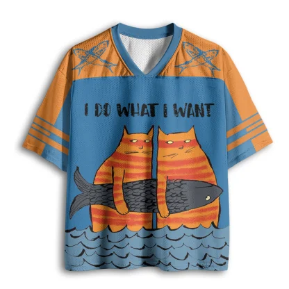 Hand Drawn Two Cats Hold Fish Graphic Mesh Jersey V Neck Short Sleeve Tee