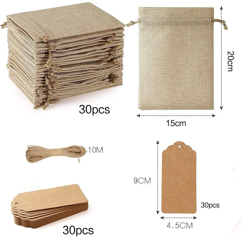 30Pcs Wedding Small Jute Bags with Paper Tags Christmas New Year Party Gift Thank You Drawstring Pouches Jewelry Package Sacks