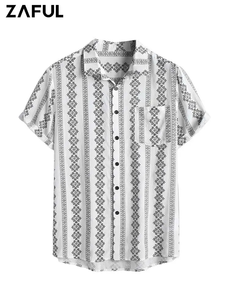 ZAFUL Ethnic Geometric Printed Men's Shirts Cotton Short Sleeve Shirt with Front Pocket Turndown Collar Streetwear Tops Z5078186