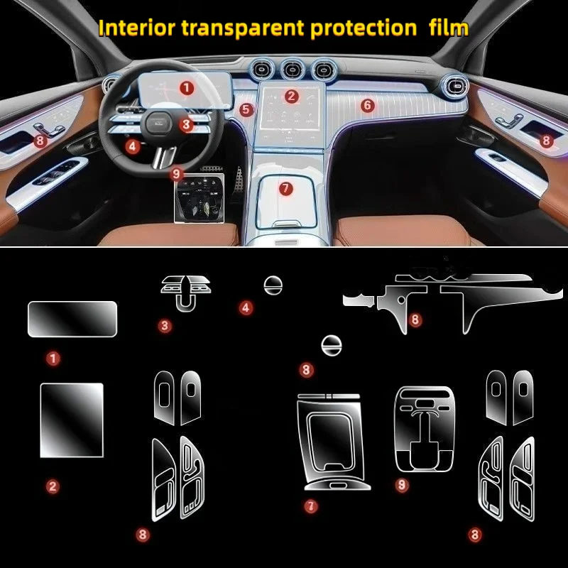 For 2024 Mercedes-Benz GLC260L interior  center console screen gear shift  car modification transparent interior protection film