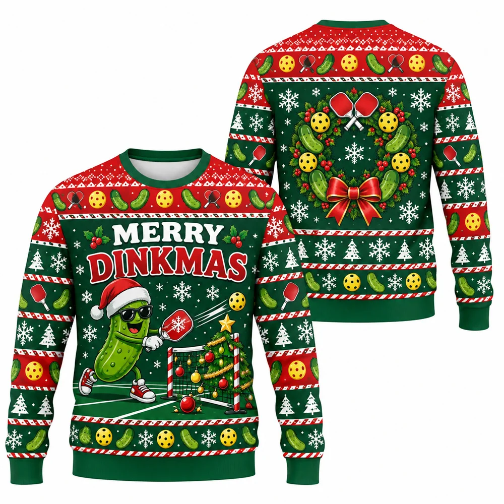 Merry Dinkmas Christmas Ugly Sweater For Men Women Funny Xmas Pickleball Crew Neck Sweatshirt Casual Sport Party Fashion Pickle