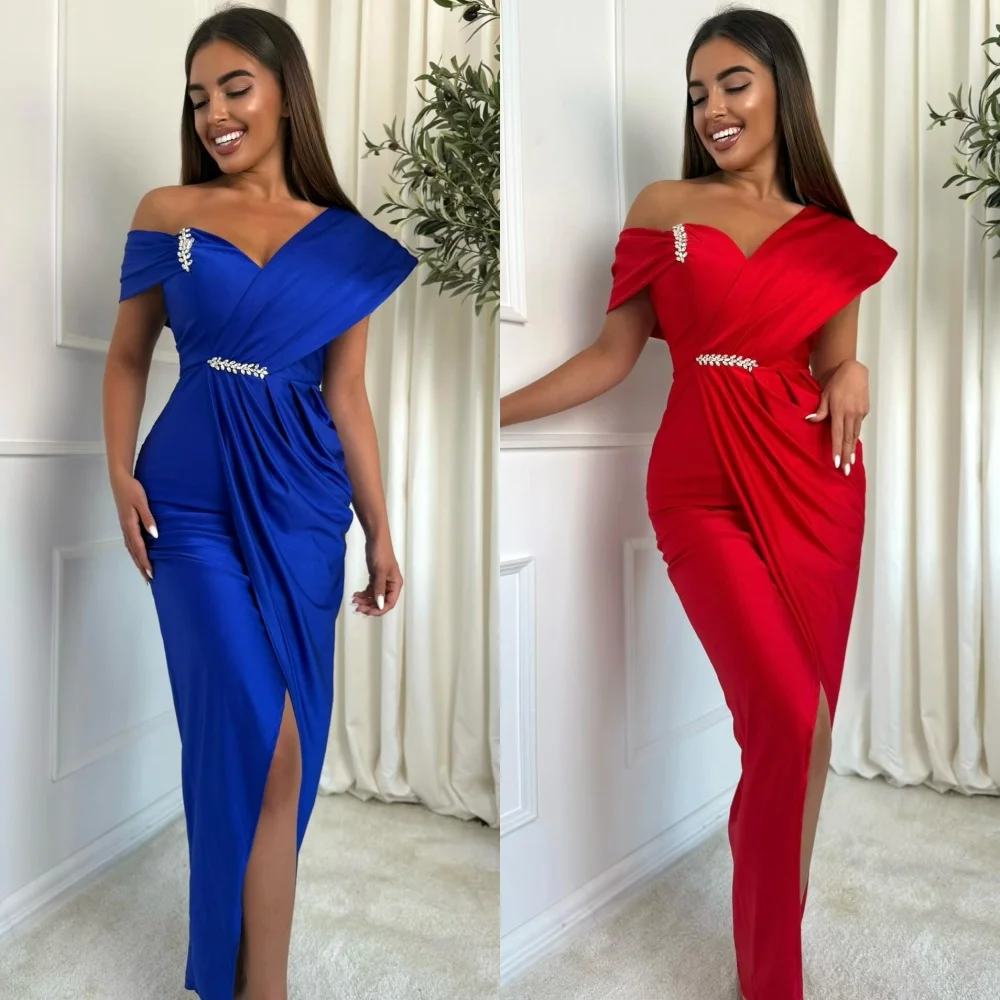 

Customized Modern Style Sexy Charmeuse Pleat Rhinestone Column Off-the-shoulder Long Dresses Bespoke Occasion Dresses Fashion